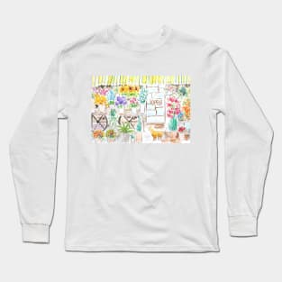 flower shop and cat ink and watercolor Long Sleeve T-Shirt